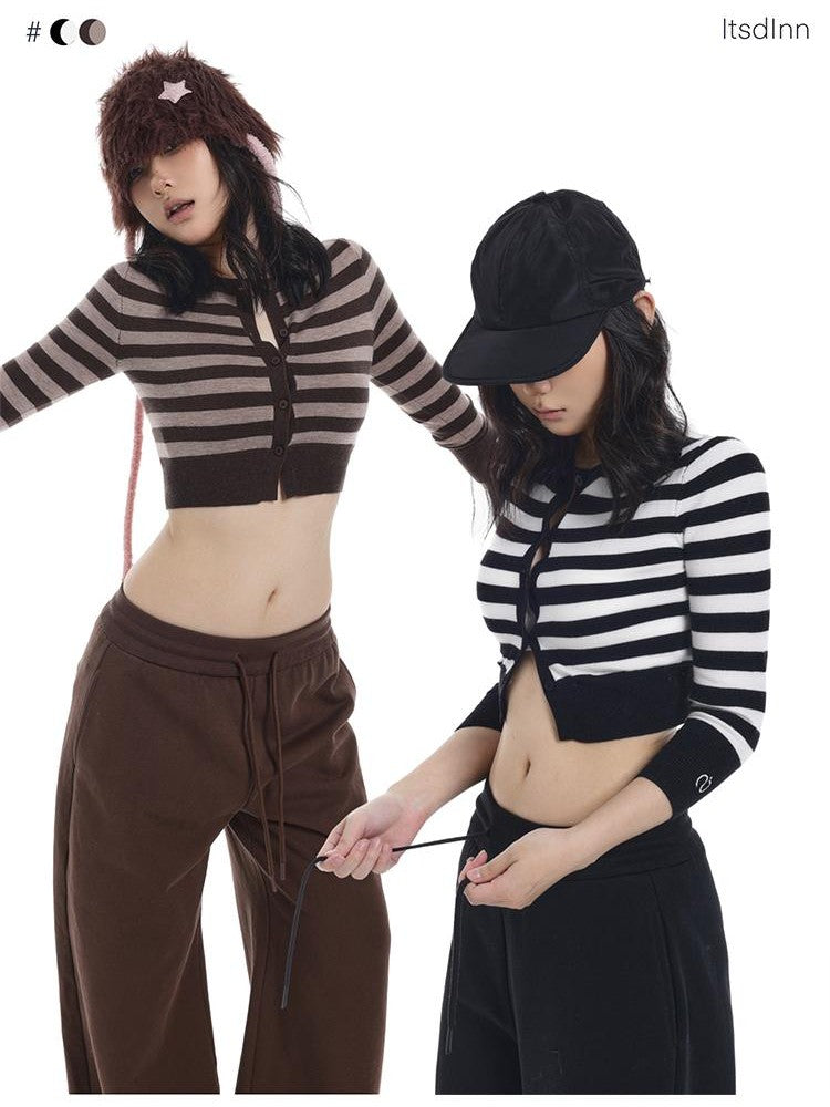 itsdinn Cropped Two Tone Striped Three Quarter Sleeve Women&