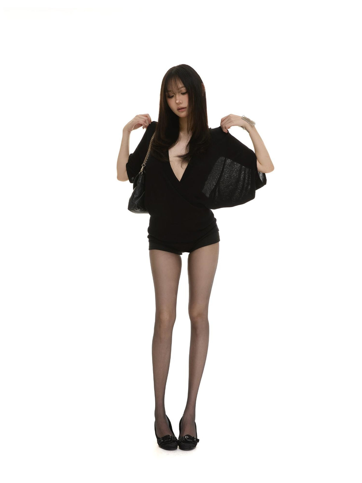 itsdinn Deep V Batwing Knit Waist Cinch Women&