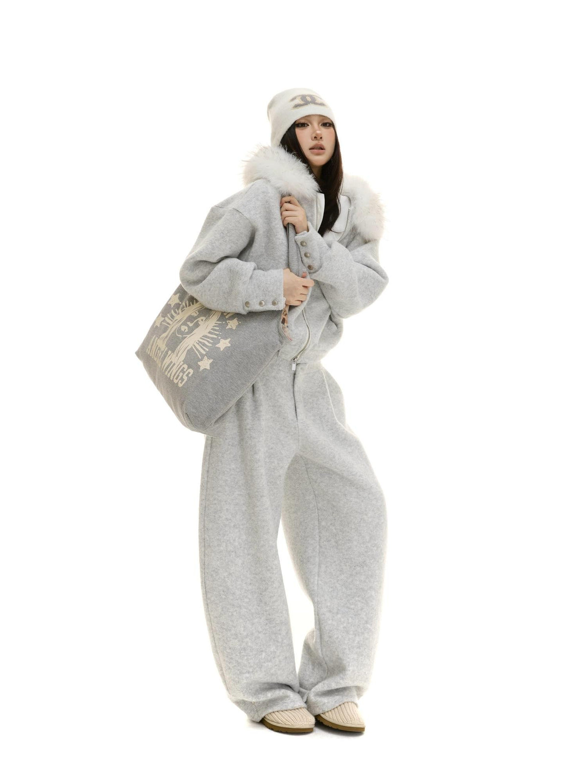 itsdinn Detachable Fur Hood Zip Up Fleece Lined Women&