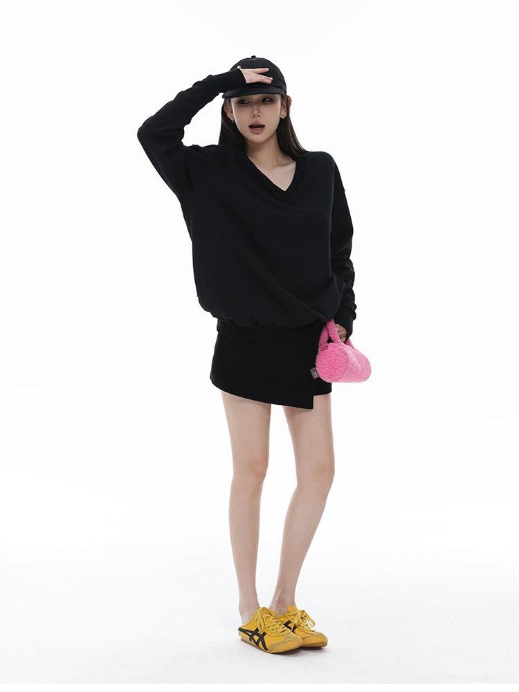 itsdinn Embroidered V-neck Batwing Sleeve Loose Fit Women&