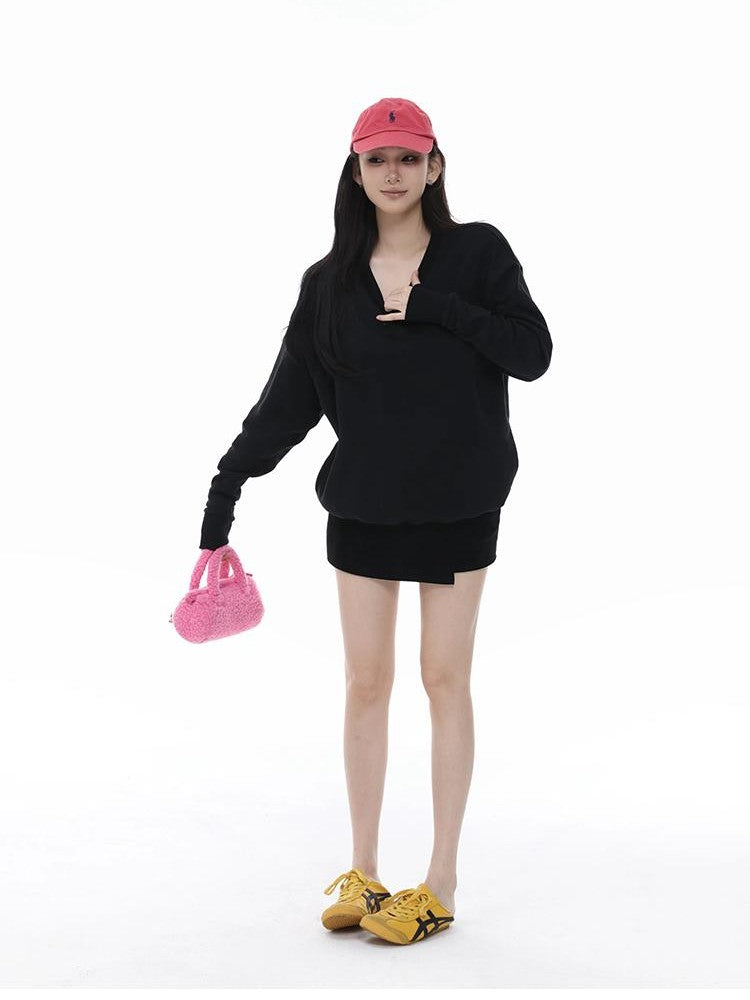 itsdinn Embroidered V-neck Batwing Sleeve Loose Fit Women&