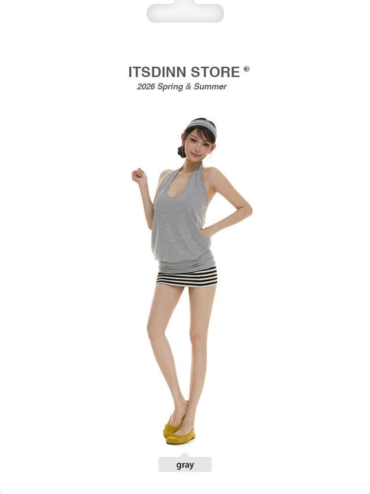 itsdinn Floral Gray U Neck Halter Open Back Ruched Low Cut Women&