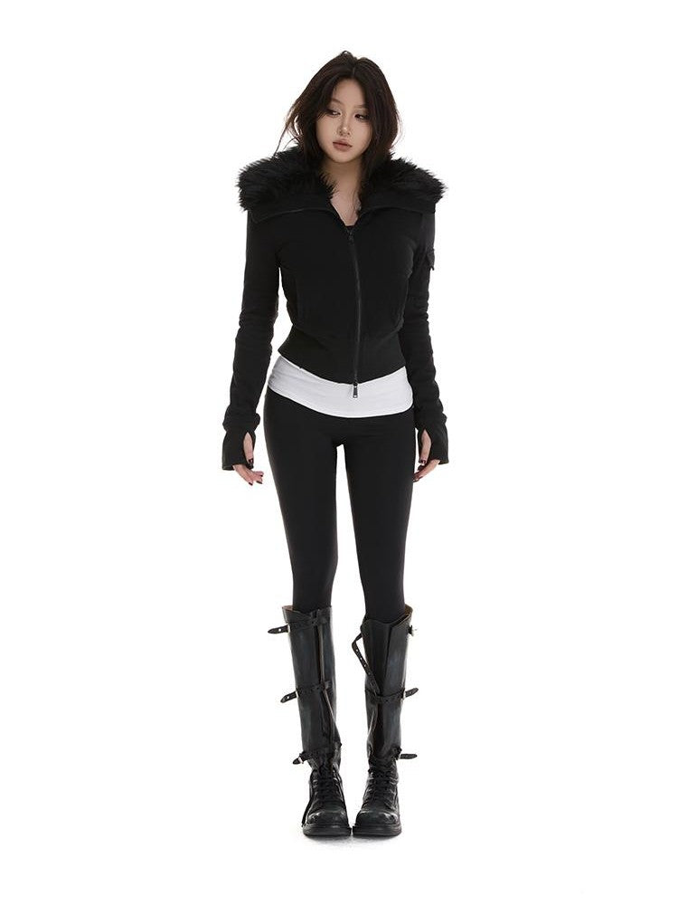 itsdinn Fur Collar Quilted Cropped Multiple Pockets Women&