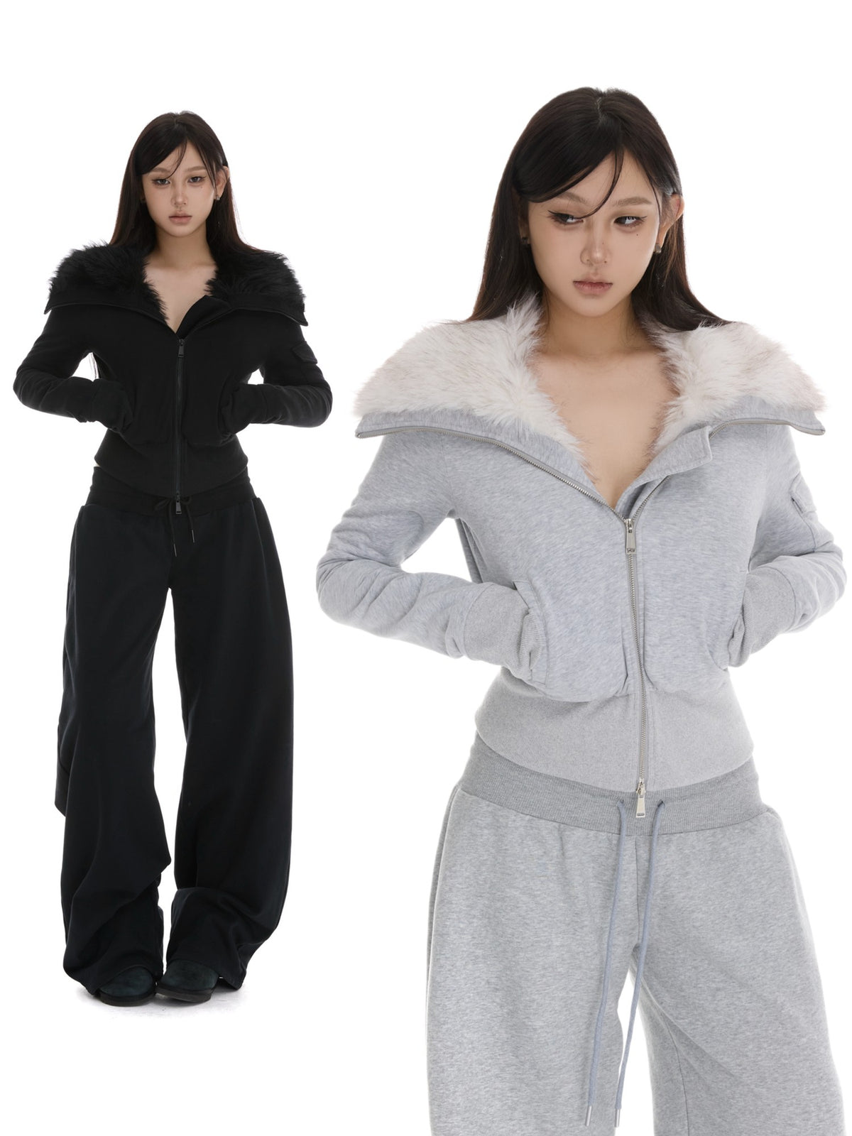 itsdinn Fur Collar Quilted Cropped Multiple Pockets Women&