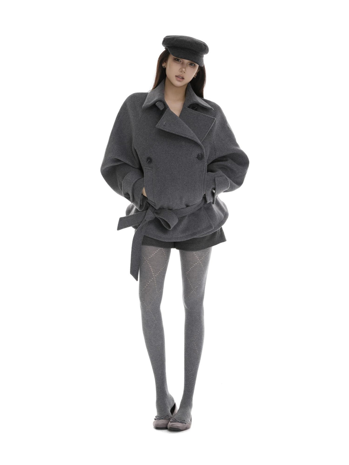 itsdinn Gray Asymmetrical Raglan Sleeve Double Breasted Women&