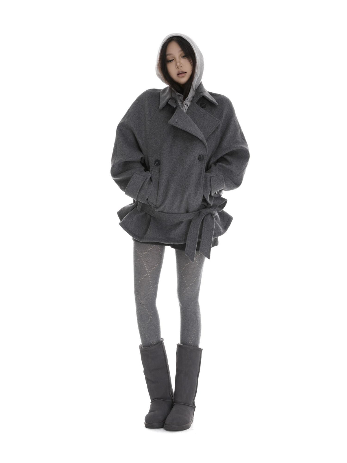 itsdinn Gray Asymmetrical Raglan Sleeve Double Breasted Women&
