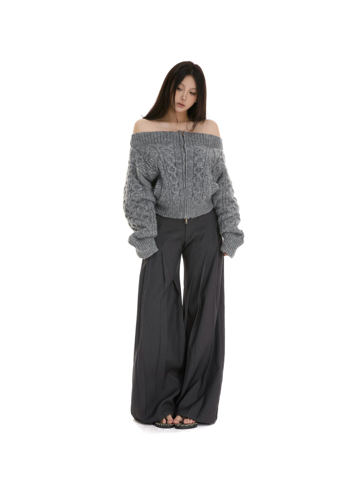 itsdinn Gray Cropped Cable Knit Zip Cardigan Women&