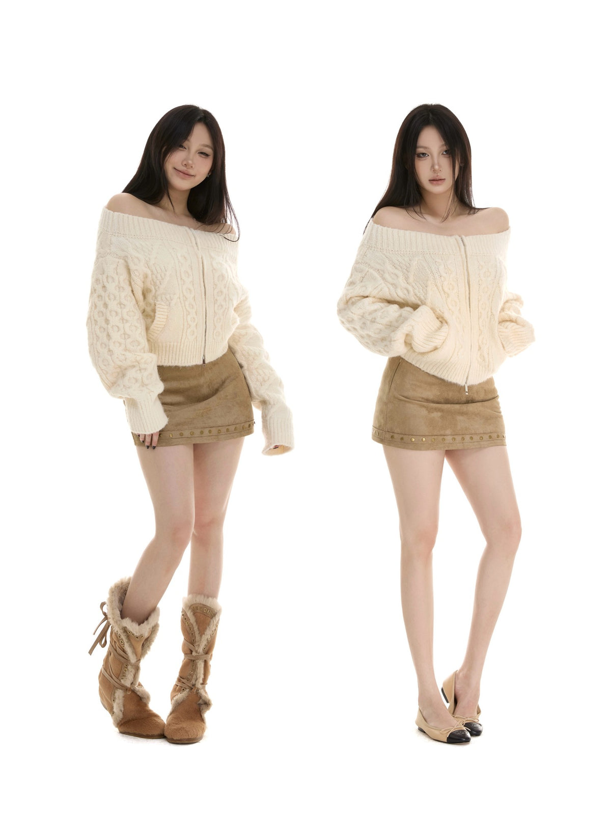 itsdinn Gray Cropped Cable Knit Zip Cardigan Women&