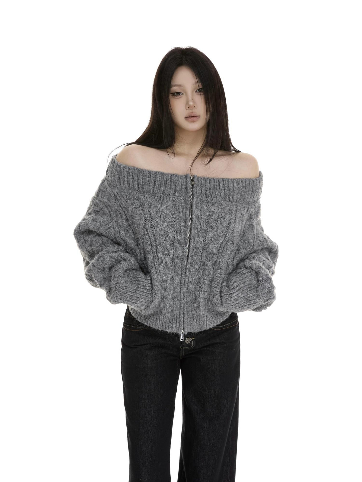 itsdinn Gray Cropped Cable Knit Zip Cardigan Women&