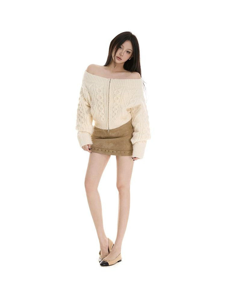 itsdinn Gray Cropped Cable Knit Zip Cardigan Women&