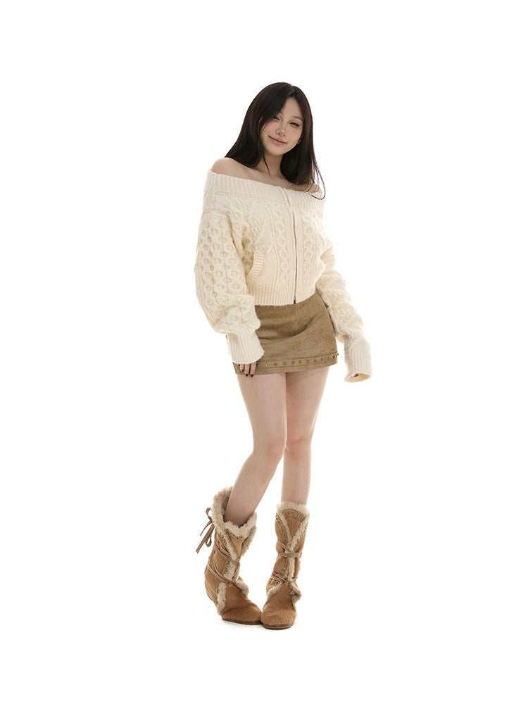 itsdinn Gray Cropped Cable Knit Zip Cardigan Women&