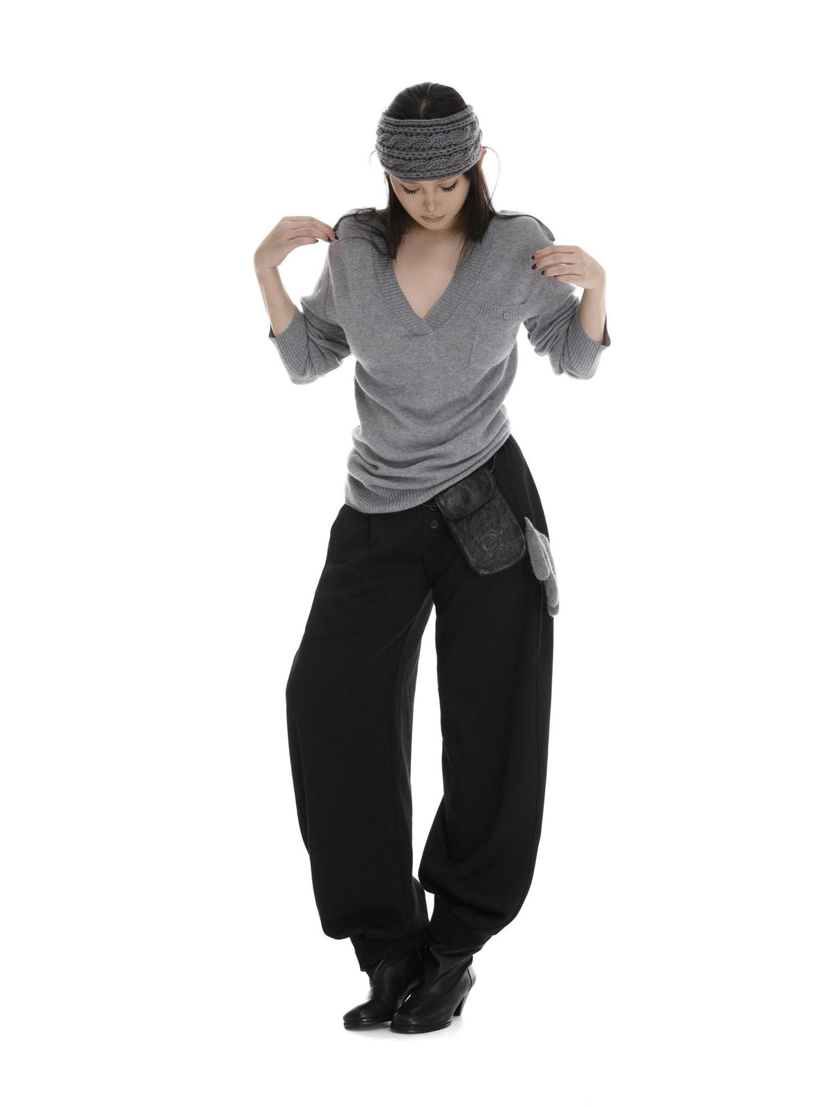 itsdinn Gray Epaulet V-neck Loose Women&
