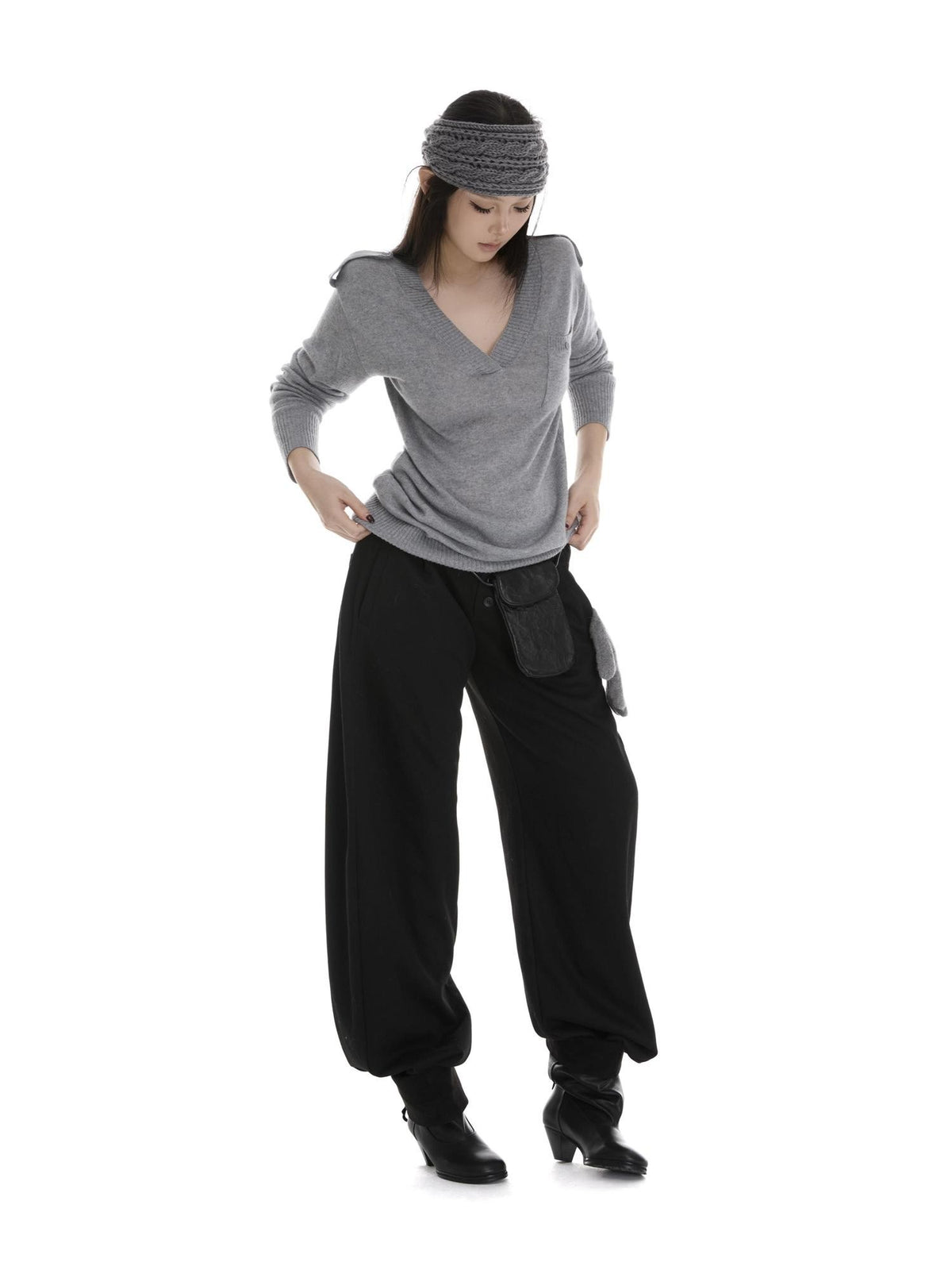 itsdinn Gray Epaulet V-neck Loose Women&