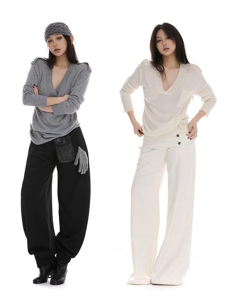 itsdinn Gray Epaulet V-neck Loose Women&