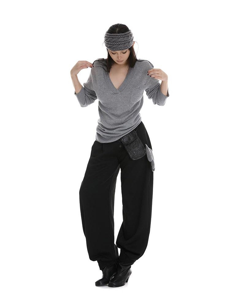 itsdinn Gray Epaulet V-neck Loose Women&