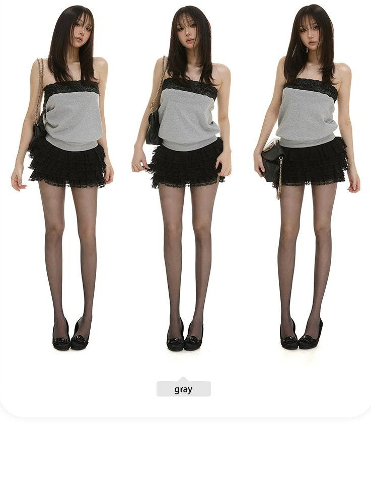 itsdinn Gray Lace Trim Colorblock Ruched One Shoulder Women&