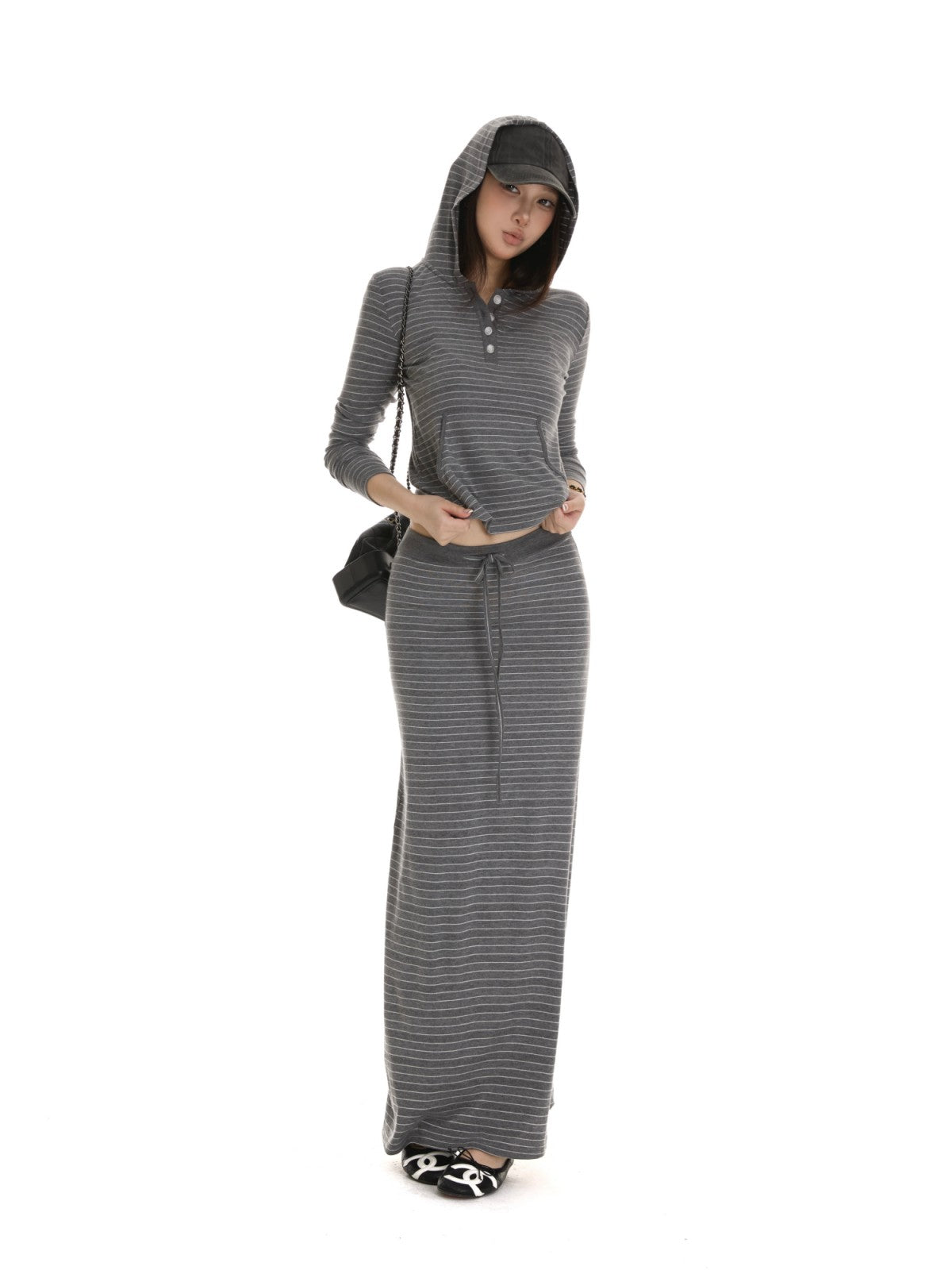 itsdinn Gray White Striped Henley Hooded Long Sleeve Women&
