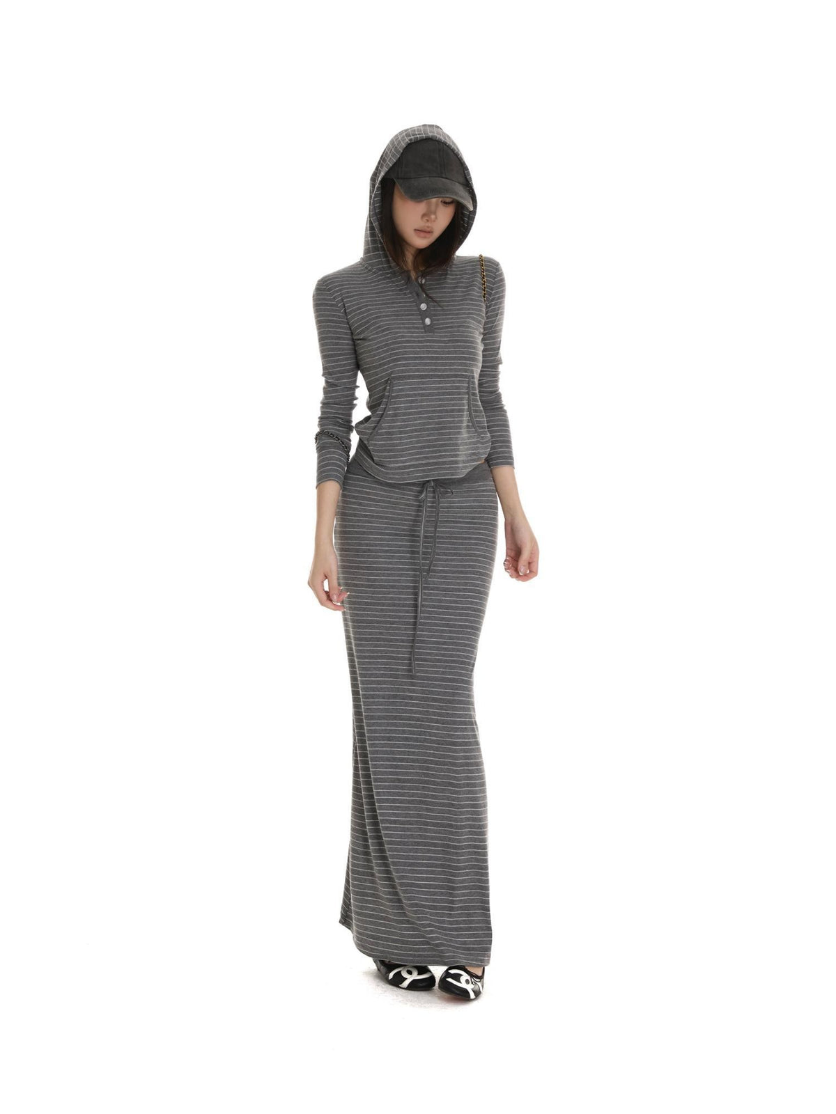 itsdinn Gray White Striped Henley Hooded Long Sleeve Women&