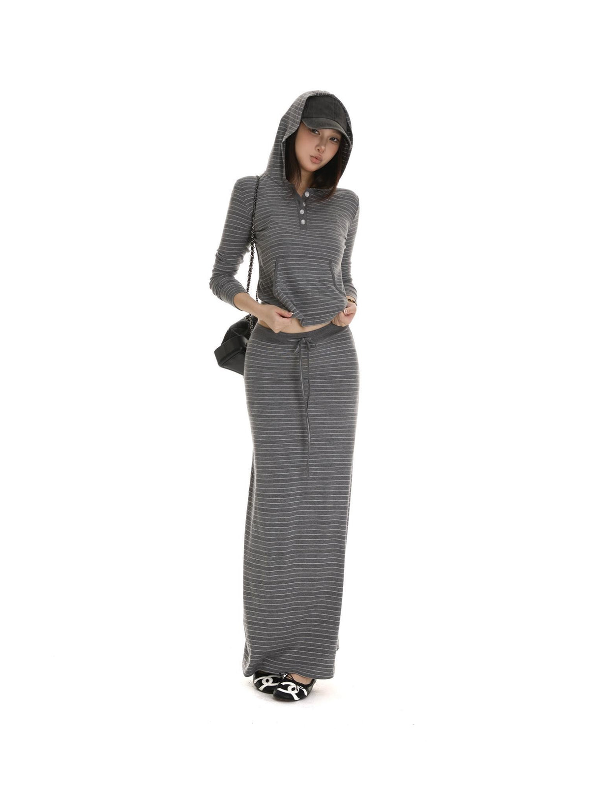 itsdinn Gray White Striped Henley Hooded Long Sleeve Women&