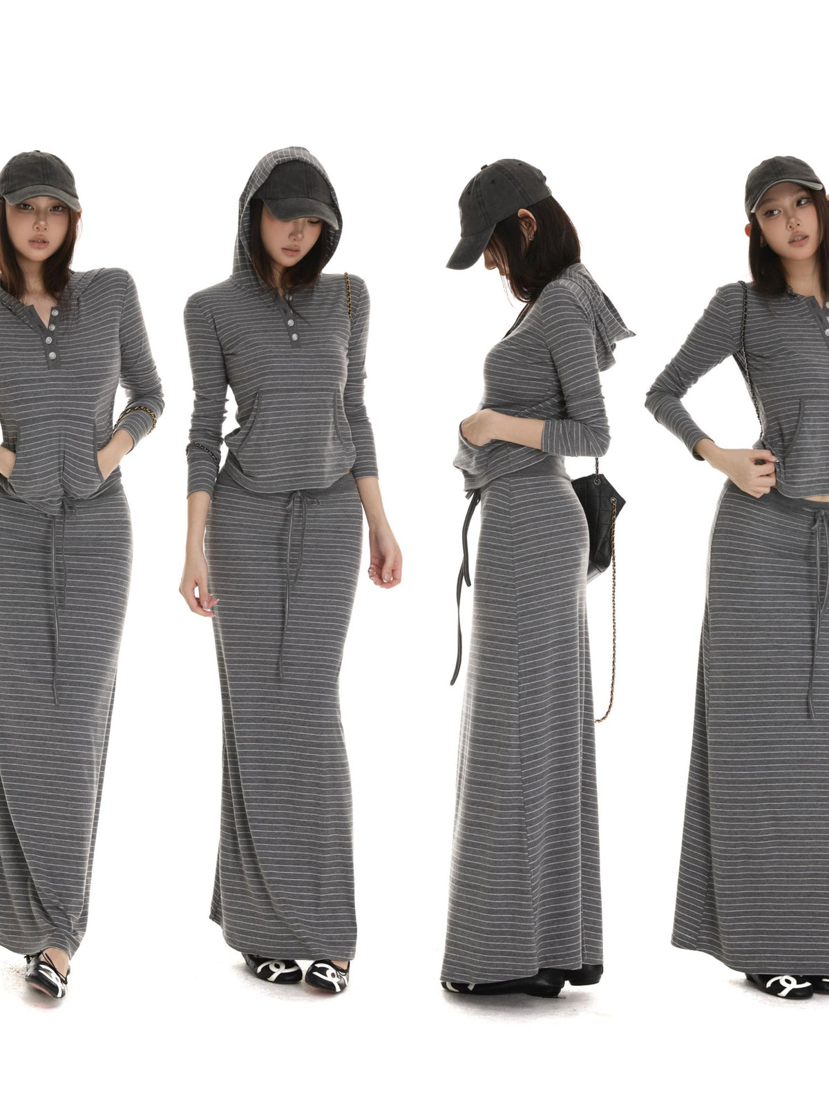 itsdinn Gray White Striped Henley Hooded Long Sleeve Women&
