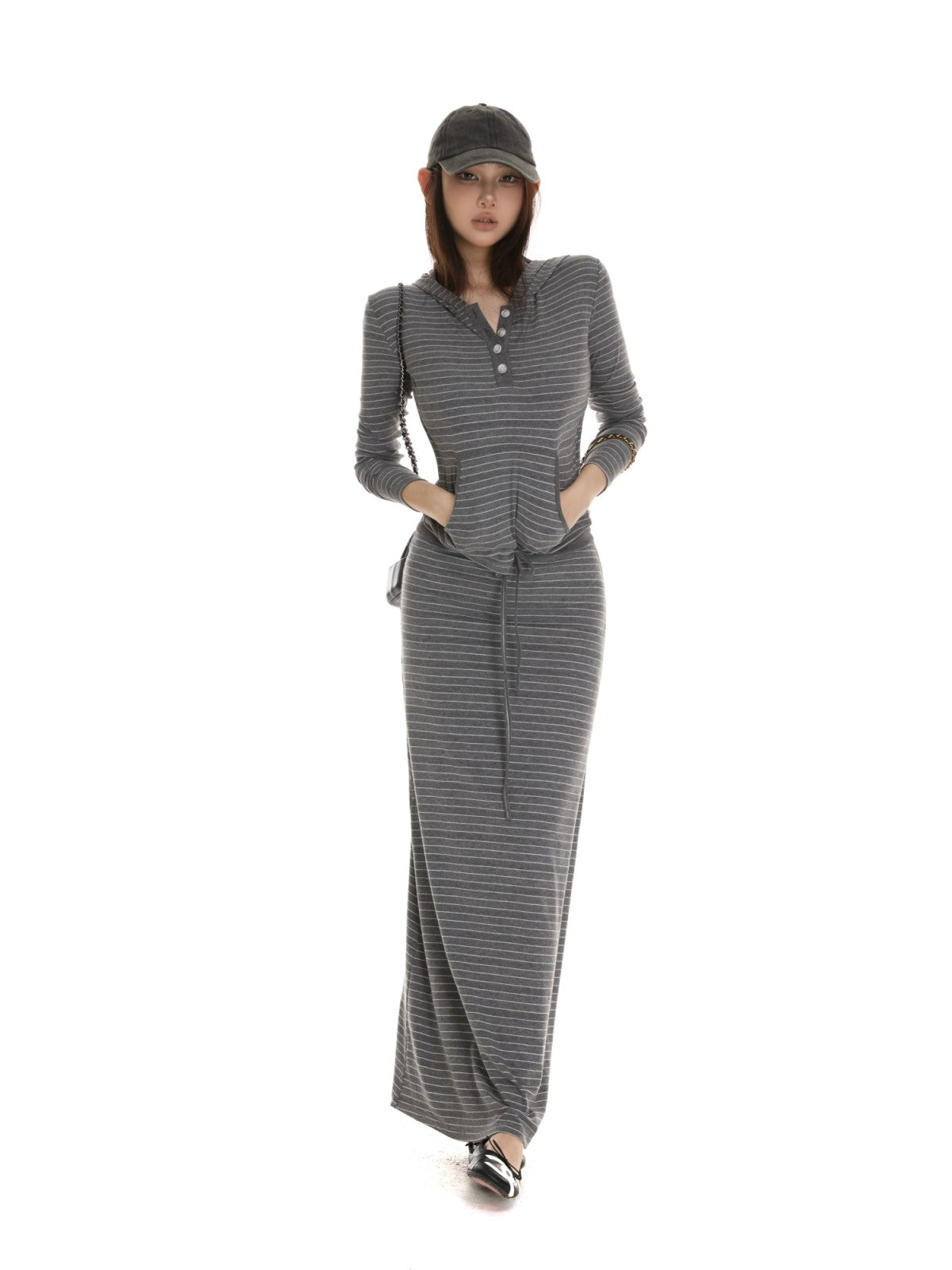 itsdinn Gray White Striped Henley Hooded Long Sleeve Women&