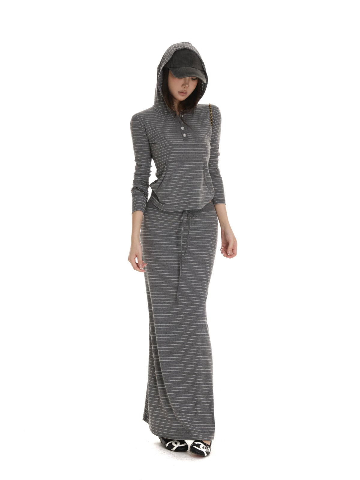 itsdinn Gray White Striped Henley Hooded Long Sleeve Women&