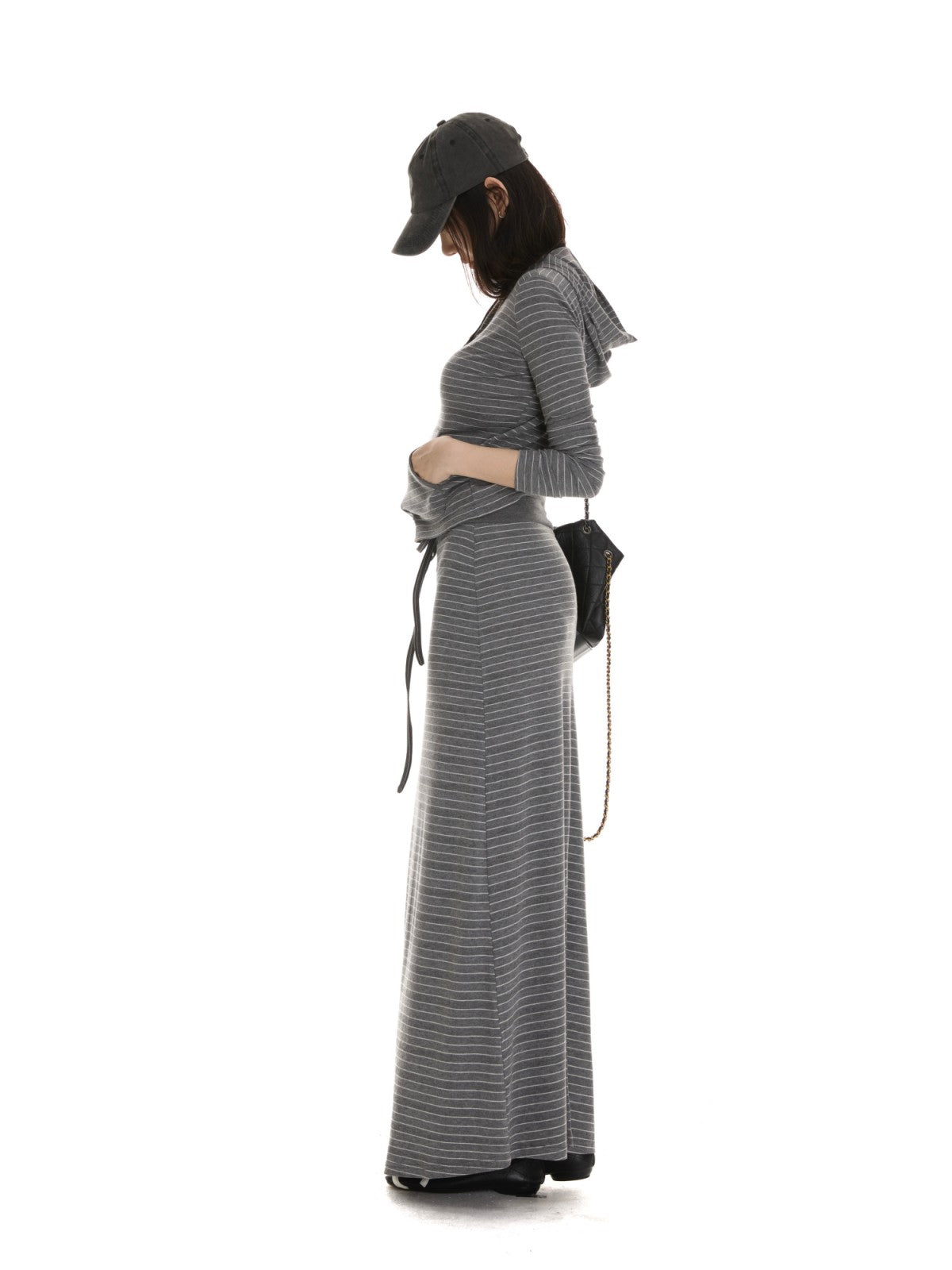itsdinn Gray White Striped Henley Hooded Long Sleeve Women&