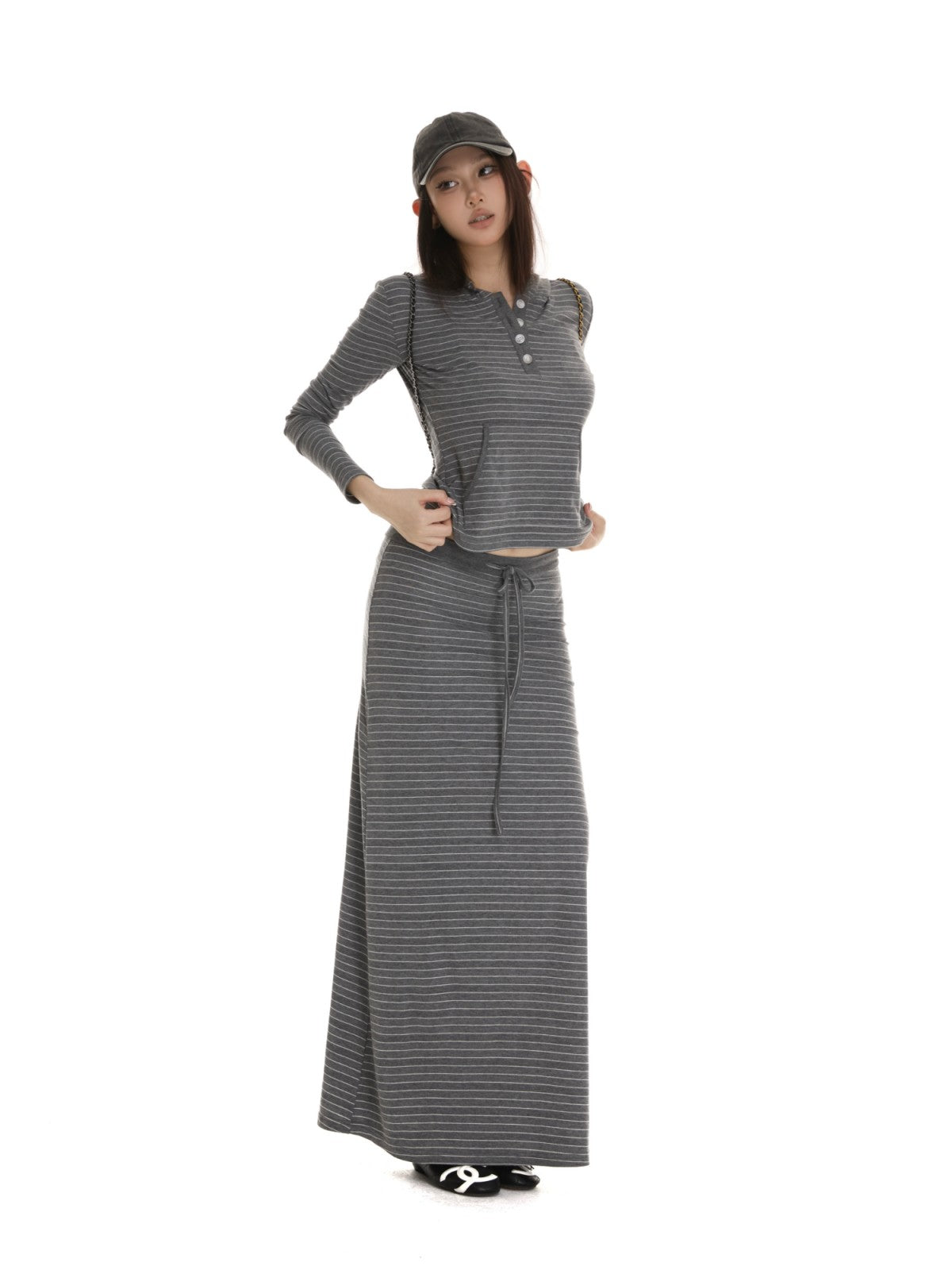 itsdinn Gray White Striped Henley Hooded Long Sleeve Women&