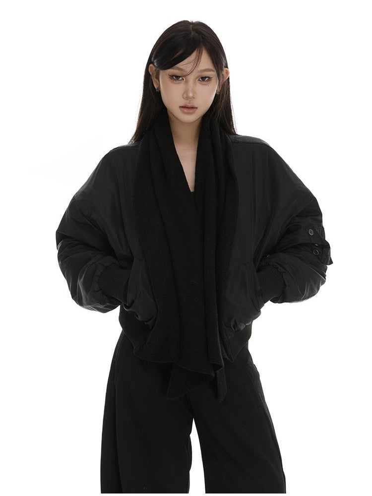 itsdinn Green Detachable Scarf Placket Button Bomber Women&