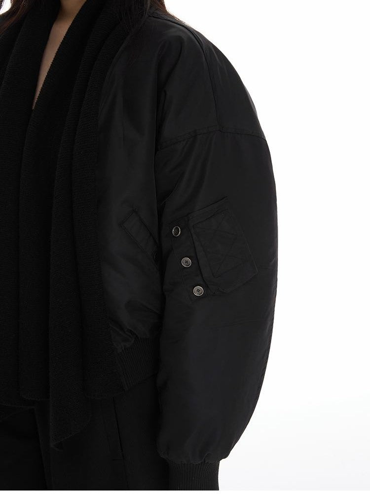 itsdinn Green Detachable Scarf Placket Button Bomber Women&