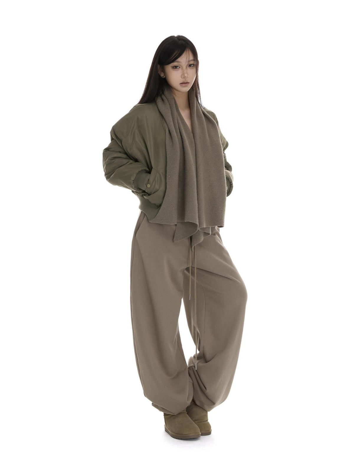 itsdinn Green Detachable Scarf Placket Button Bomber Women&