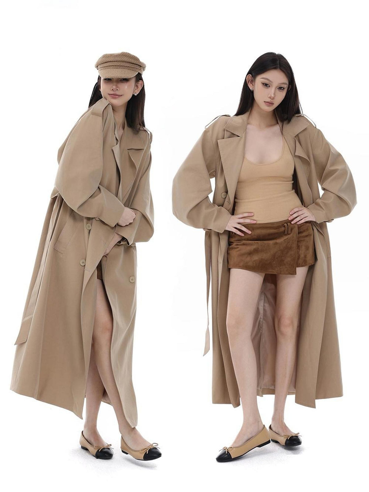 itsdinn Khaki Curved Sleeve Double Breasted Women&