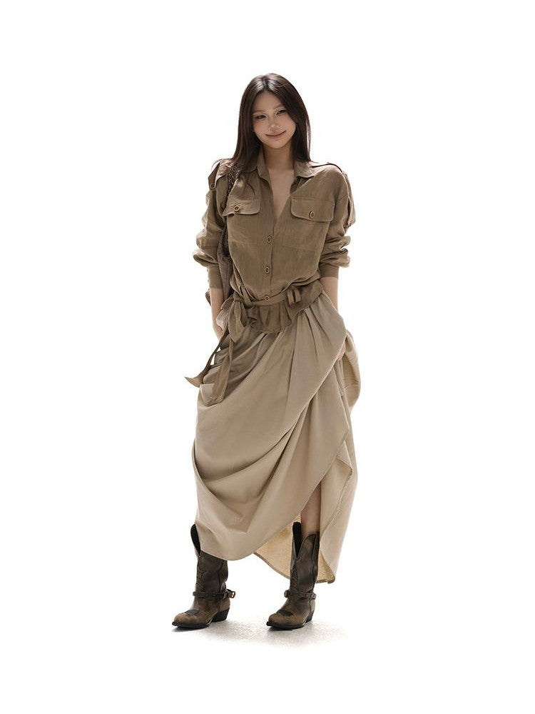 itsdinn Khaki Pleated Full Flare Elastic Waist Women&