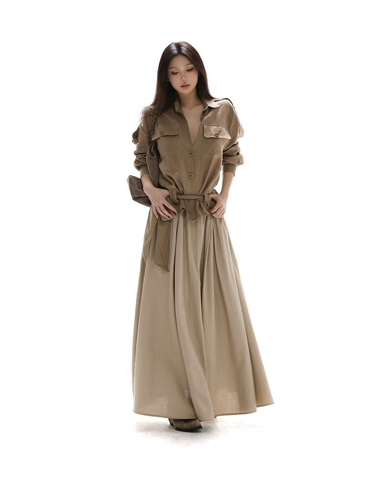 itsdinn Khaki Pleated Full Flare Elastic Waist Women&