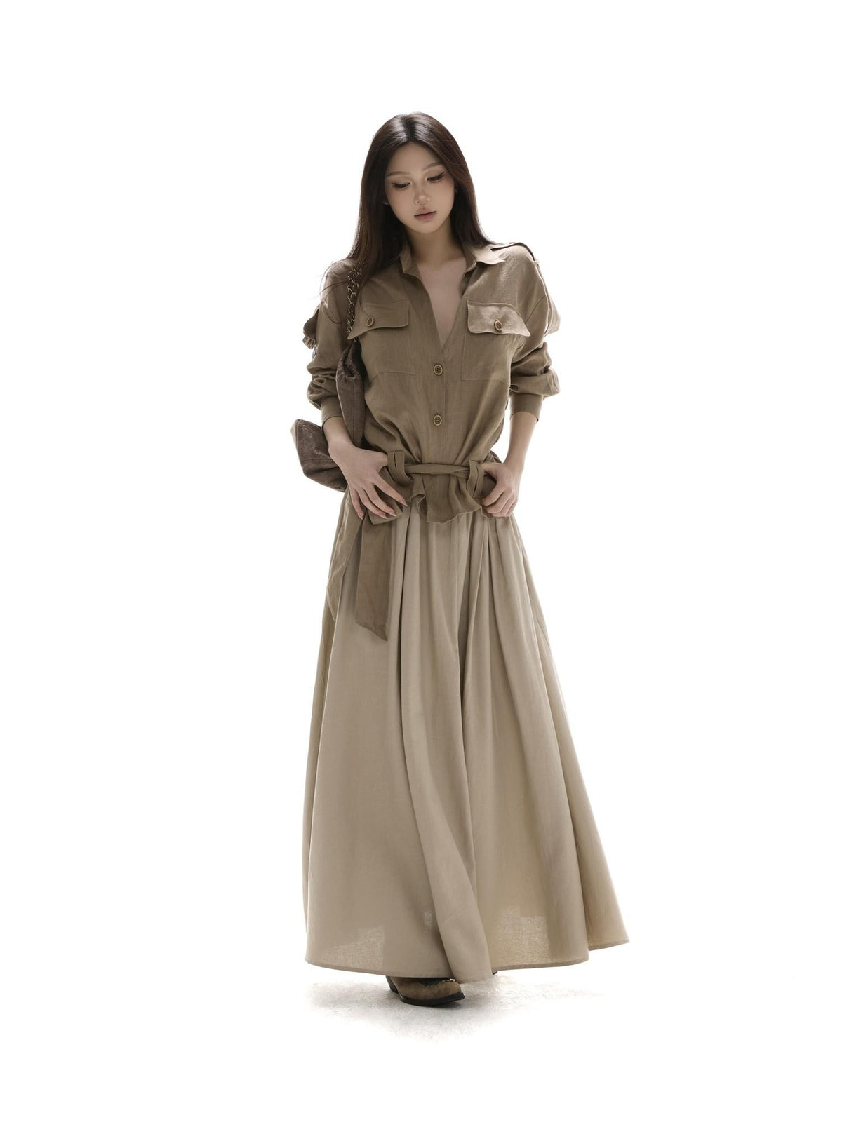 itsdinn Khaki Pleated Full Flare Elastic Waist Women&