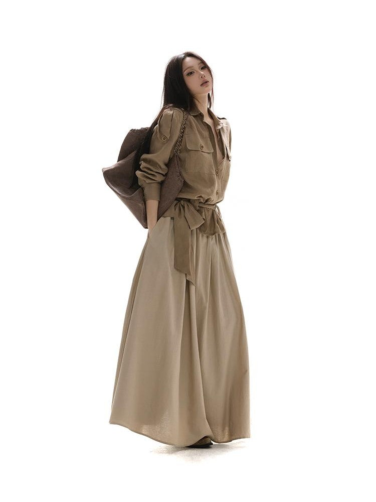 itsdinn Khaki Pleated Full Flare Elastic Waist Women&