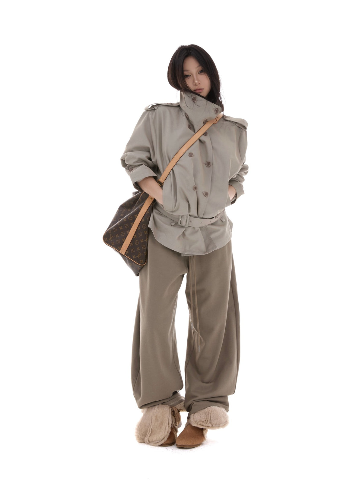 itsdinn Lake Gray Soft Boxy Stand Collar Short Detachable Belt Women&