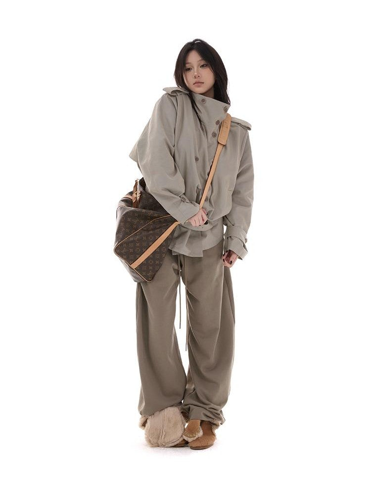 itsdinn Lake Gray Soft Boxy Stand Collar Short Detachable Belt Women&