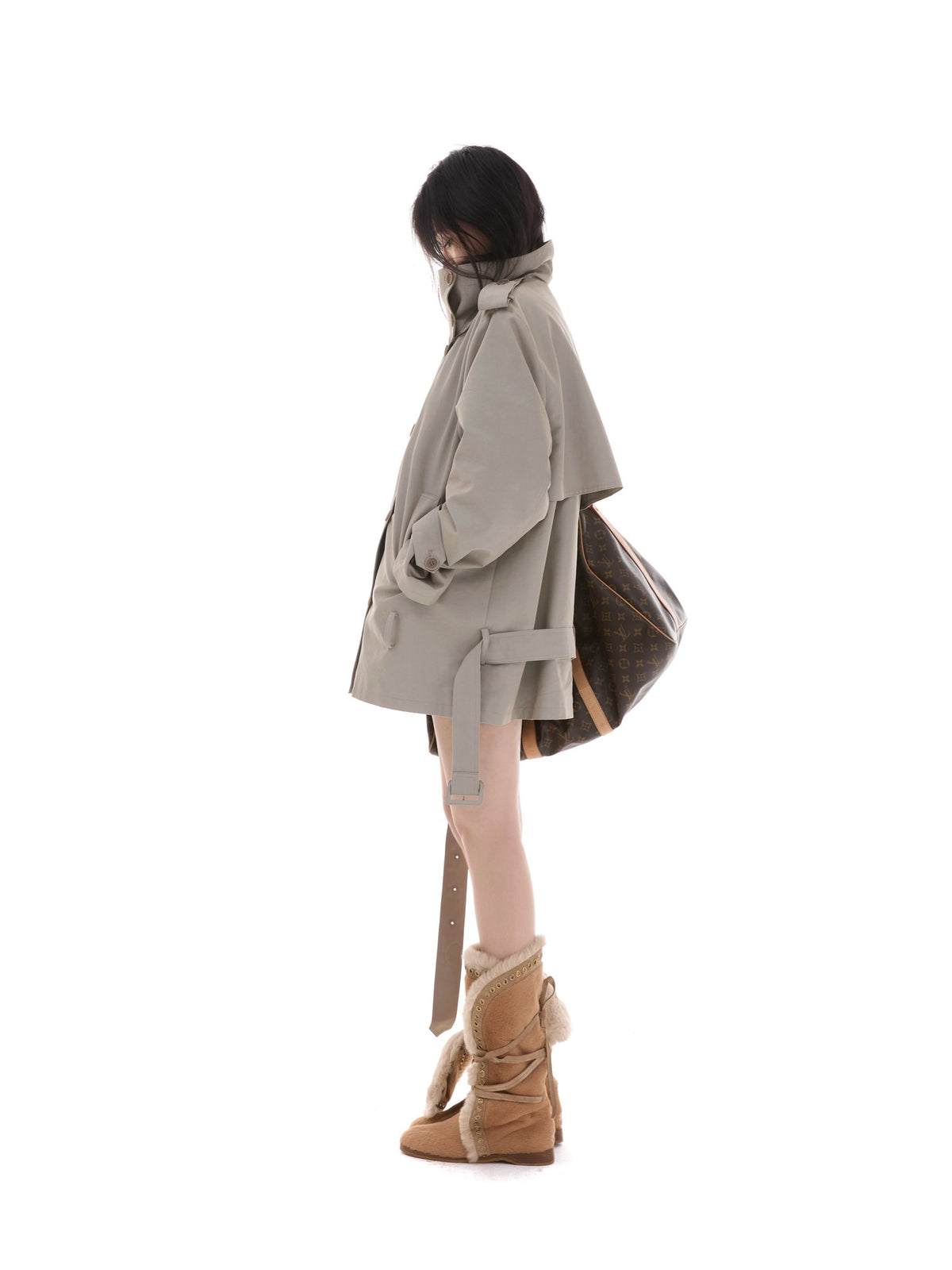 itsdinn Lake Gray Soft Boxy Stand Collar Short Detachable Belt Women&