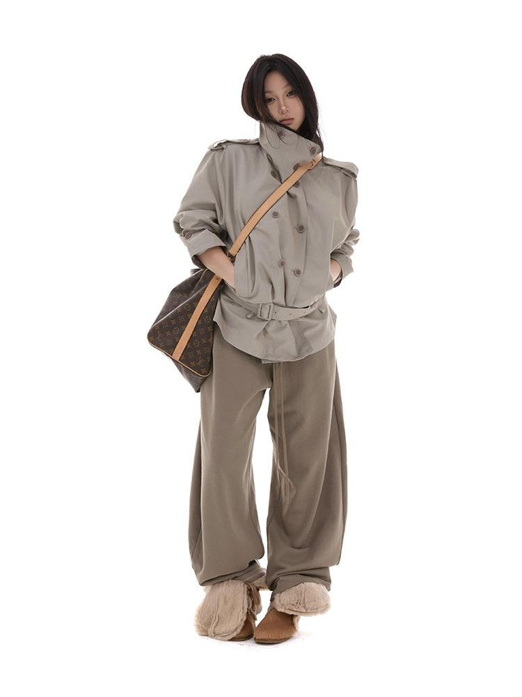 itsdinn Lake Gray Soft Boxy Stand Collar Short Detachable Belt Women&
