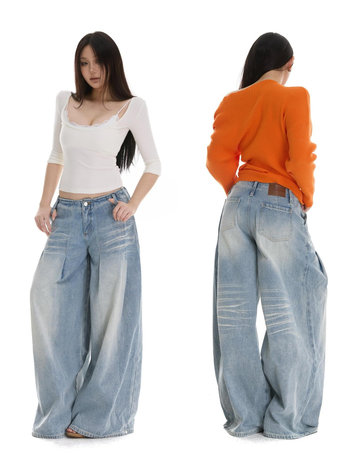 itsdinn Light Blue Pleated Low Rise Whisker Wash Women&