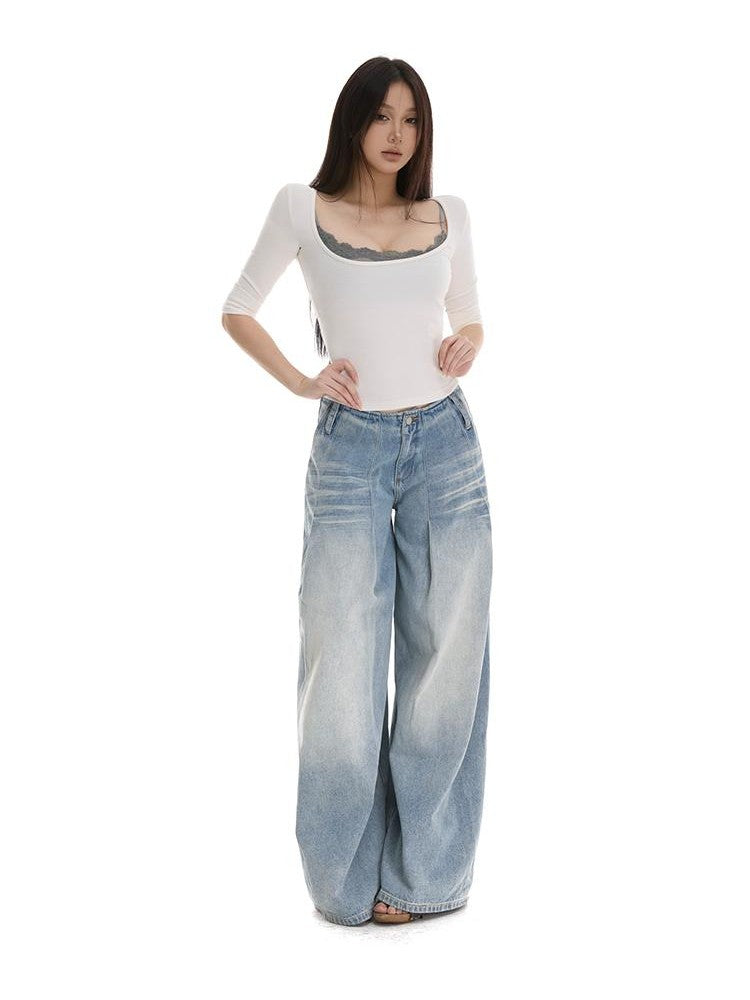itsdinn Light Blue Pleated Low Rise Whisker Wash Women&