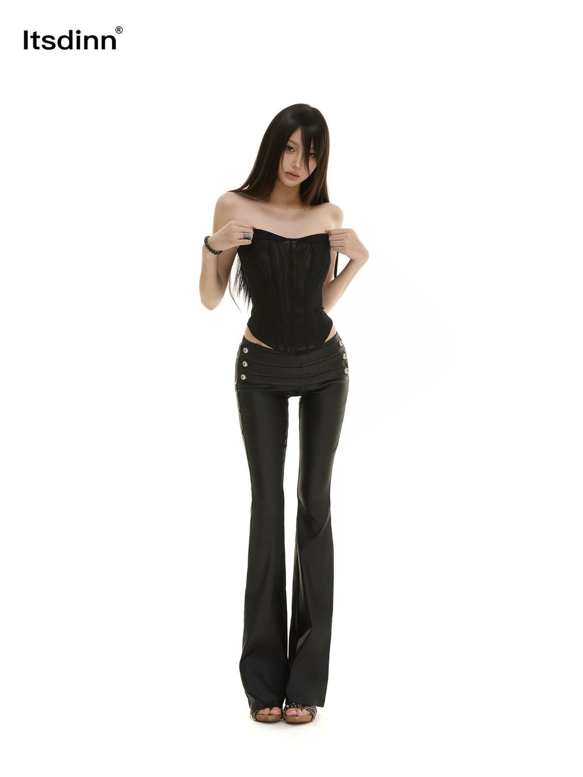 itsdinn Matte Black Low Rise Micro Flare Napoleon Buckle Women&