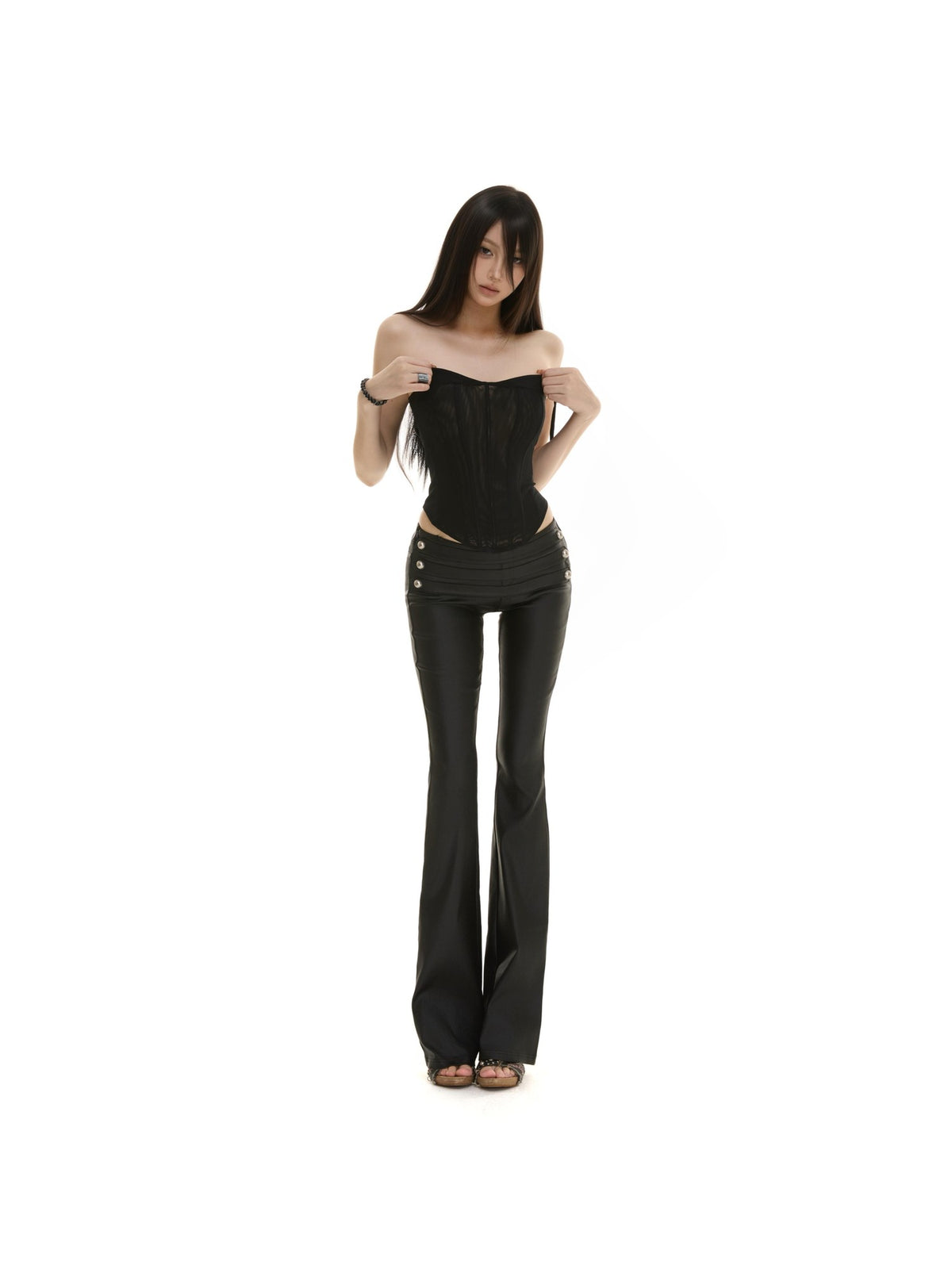 itsdinn Matte Black Low Rise Micro Flare Napoleon Buckle Women&