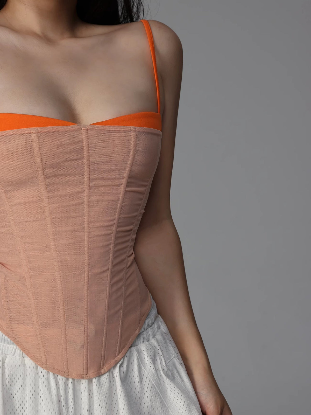 itsdinn Nude Orange Fishbone Corset Spliced Straps Women&