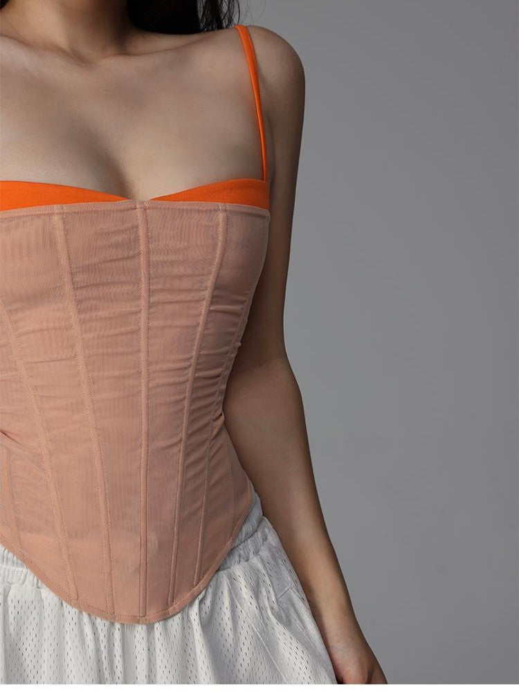 itsdinn Nude Orange Fishbone Corset Spliced Straps Women&