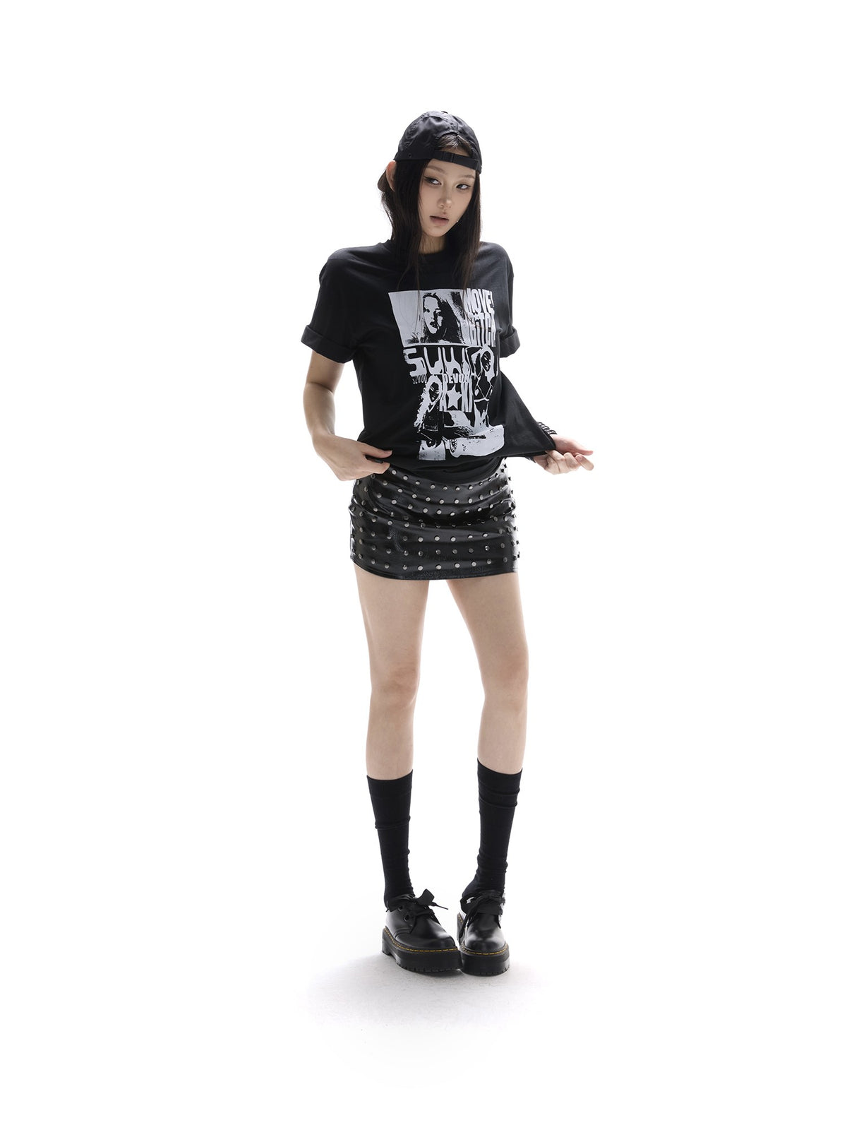 itsdinn Patent Studded Low Waist Built In Shorts A Line Women&