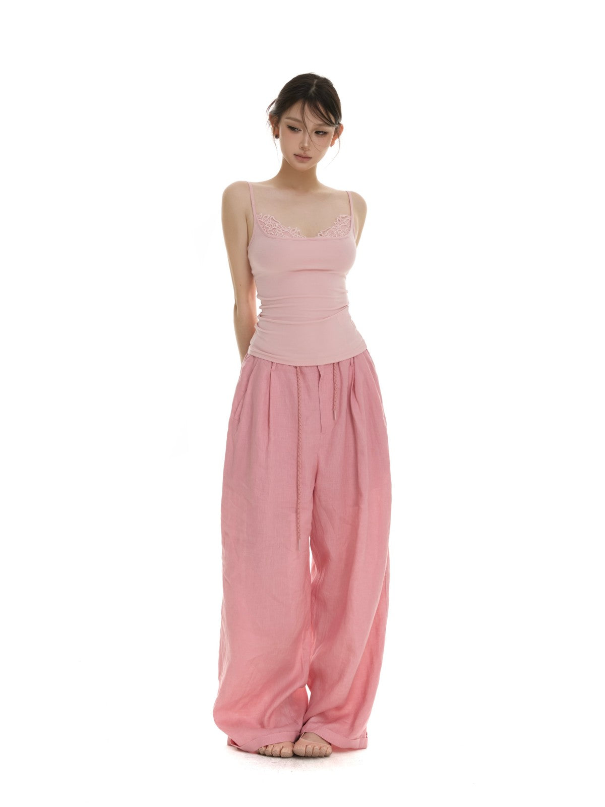 itsdinn Pink Drawstring Rolled Hem Low Rise Women&