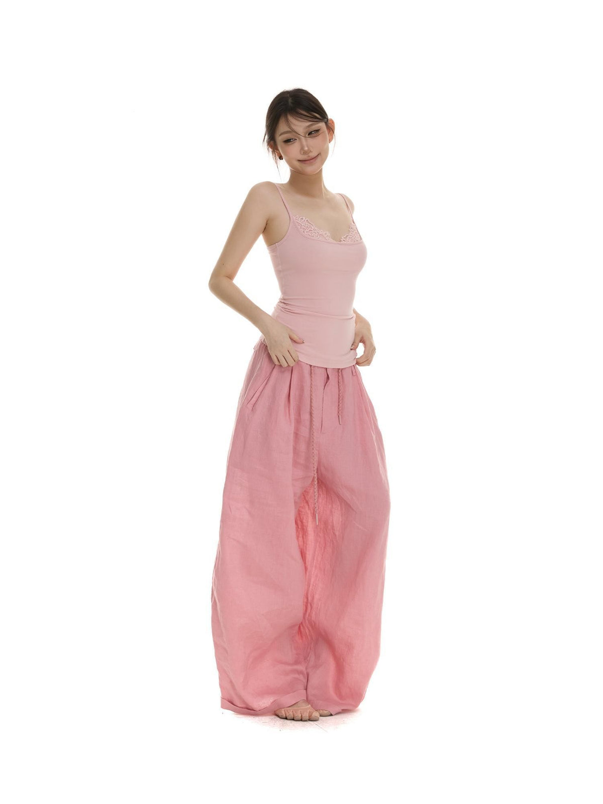 itsdinn Pink Drawstring Rolled Hem Low Rise Women&