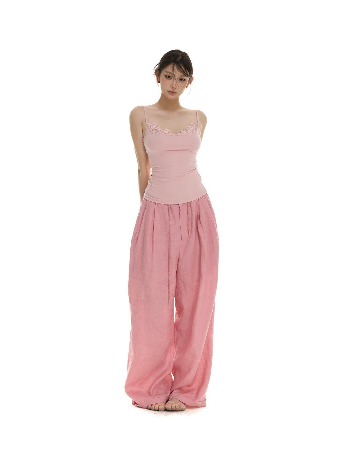 itsdinn Pink Drawstring Rolled Hem Low Rise Women&